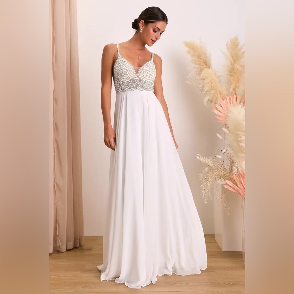 Lulus Luxe True Love White Beaded Rhinestone Maxi Dress